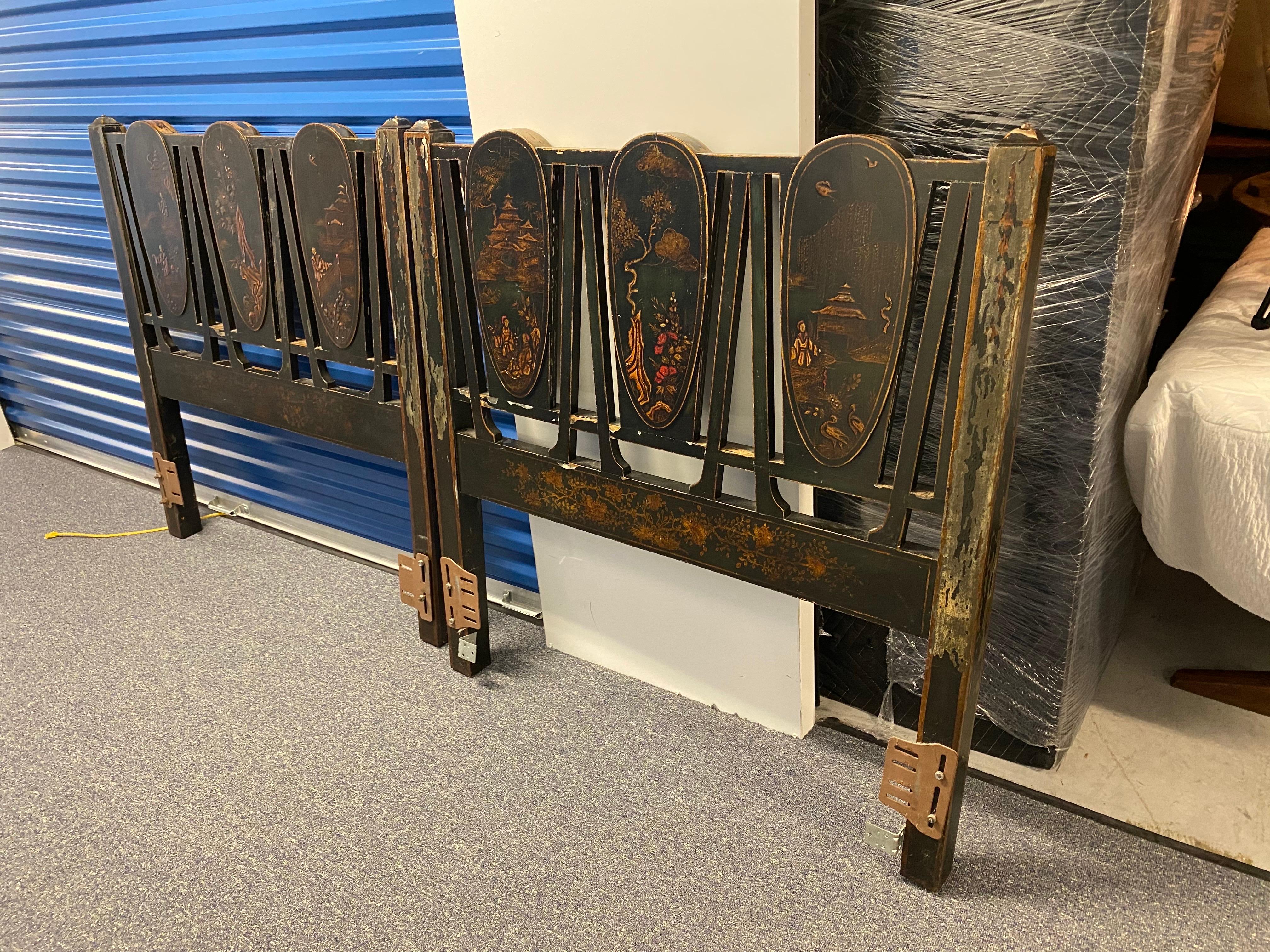 Pair of Black Lacquer Japanned with Chinoiserie Decoration Twin Headboards For Sale 1