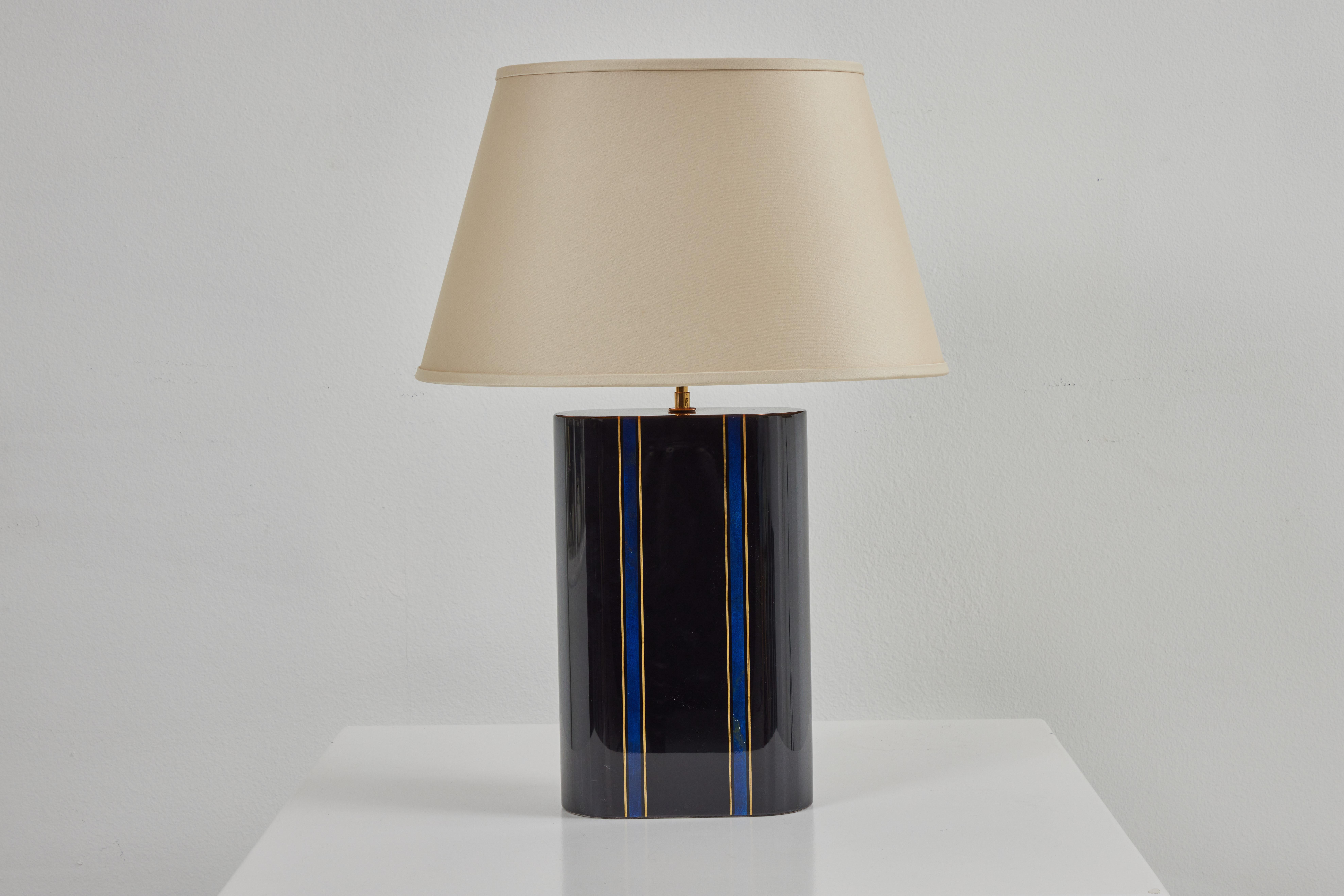Mid-Century Modern Pair of Black Lacquer Lamps with Faux Lapis Inlays by Karl Springer For Sale
