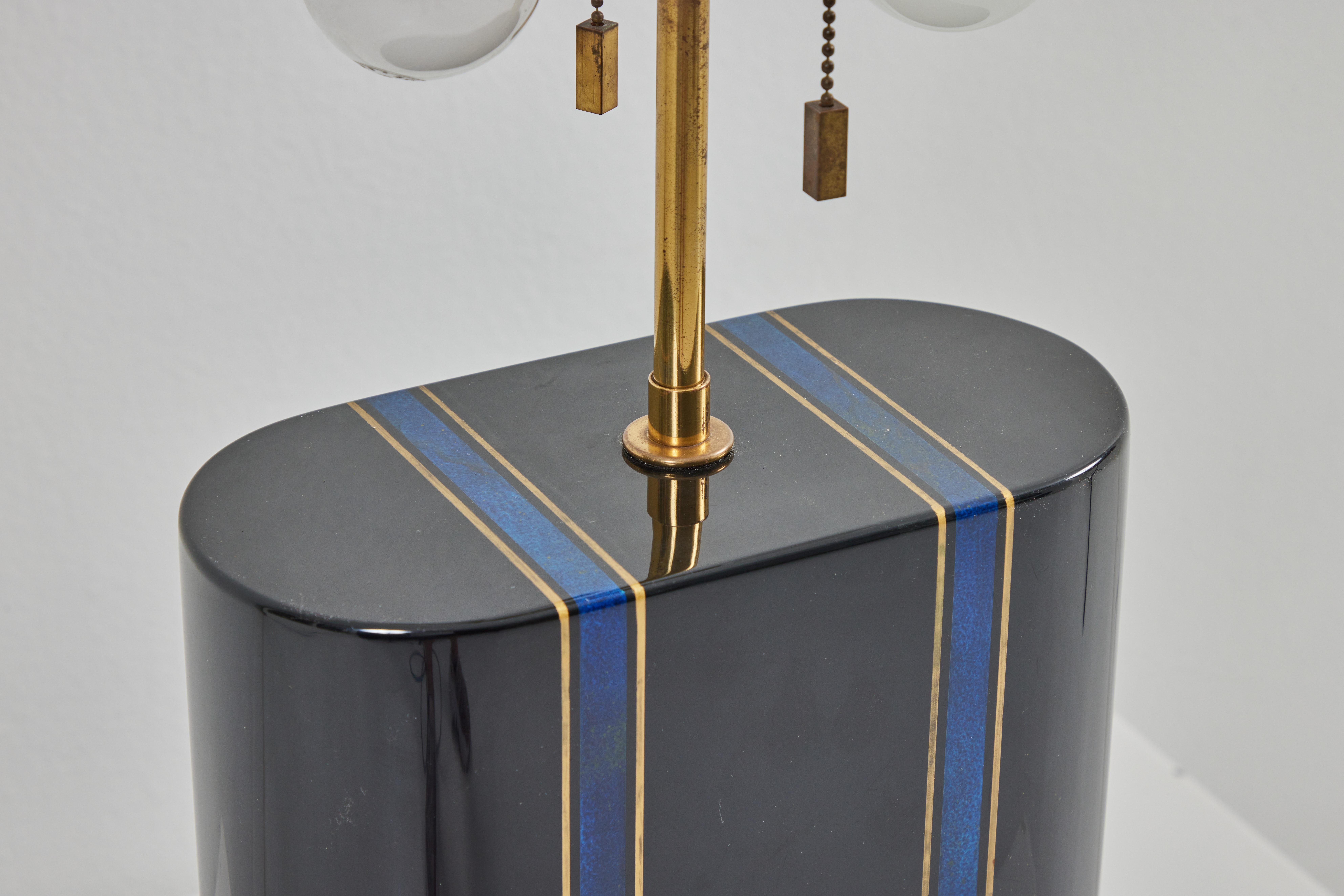Late 20th Century Pair of Black Lacquer Lamps with Faux Lapis Inlays by Karl Springer For Sale