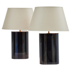 Pair of Black Lacquer Lamps with Faux Lapis Inlays by Karl Springer