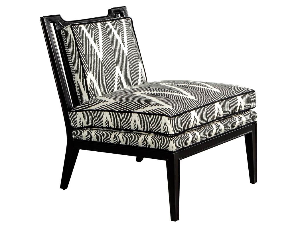 Fabric Pair of Black Lacquer Lounge Chairs