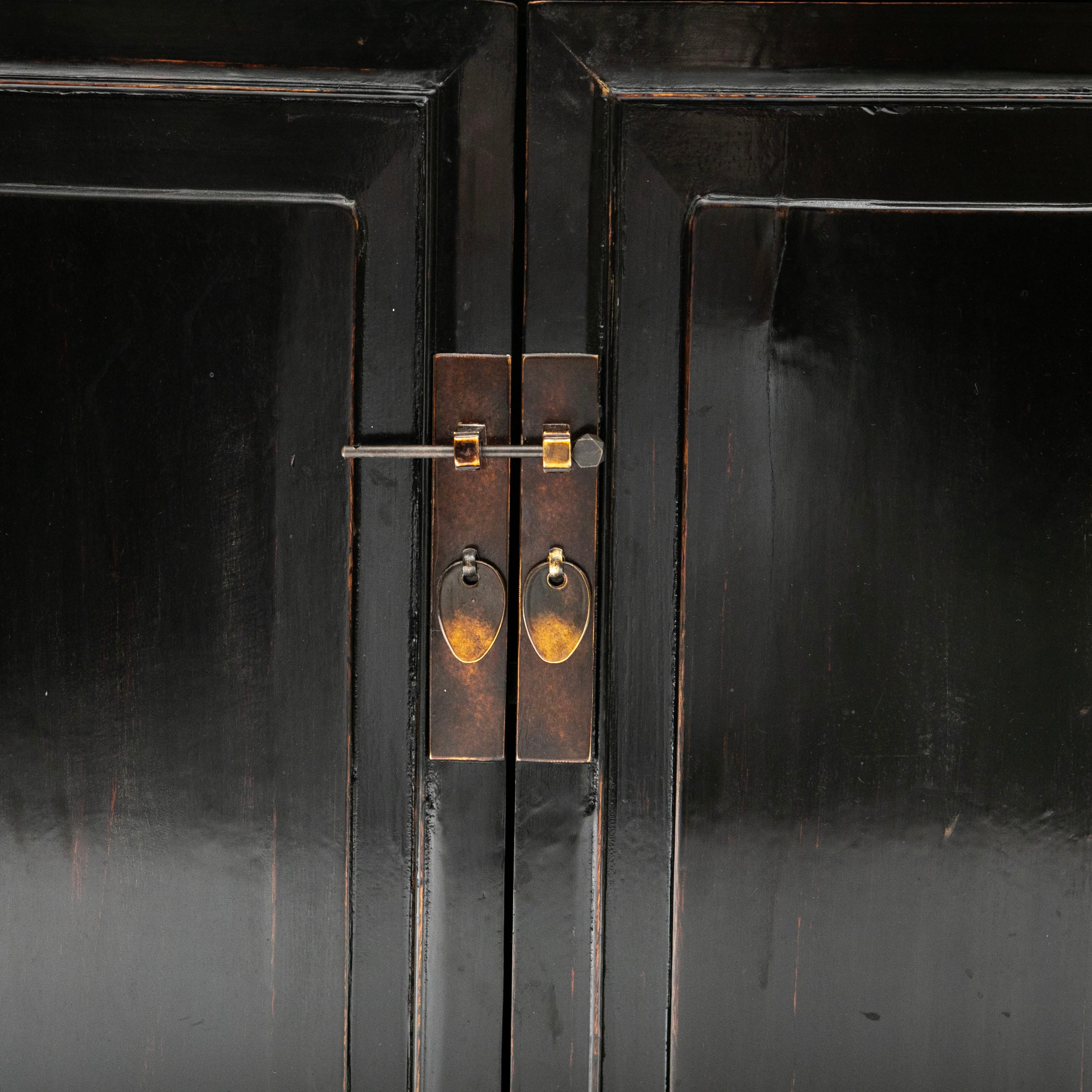 Brass Pair of Black Lacquer Ming Style Cabinets