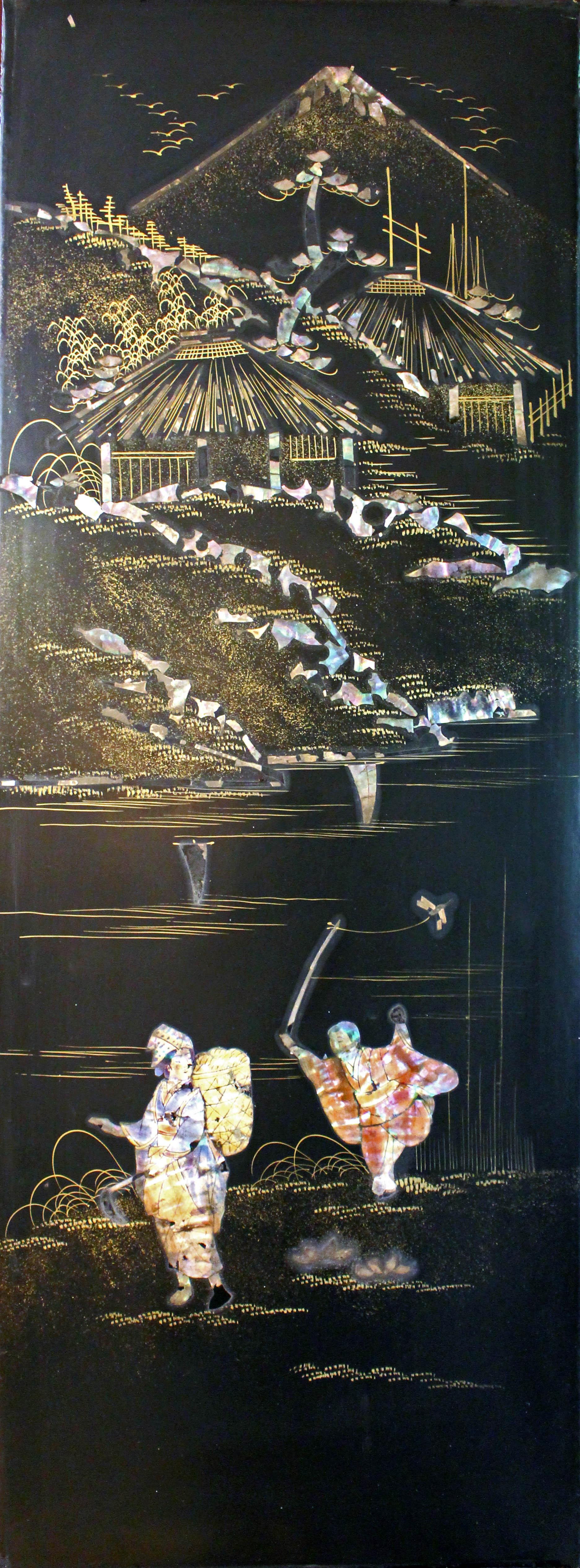 Circa 1900 pair of black lacquer panels mounted in a shadowbox frame, Japanese. Elegant, later Meiji period work. Gilt painted, overlaid & inlaid with abalone & mother of pearl. One features Mt. Fuji, the other a temple as background for gardens,