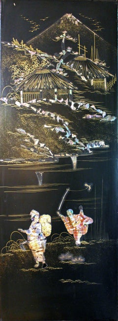 Pair of Black Lacquer Panels Mounted in a Shadowbox Frame, Japanese