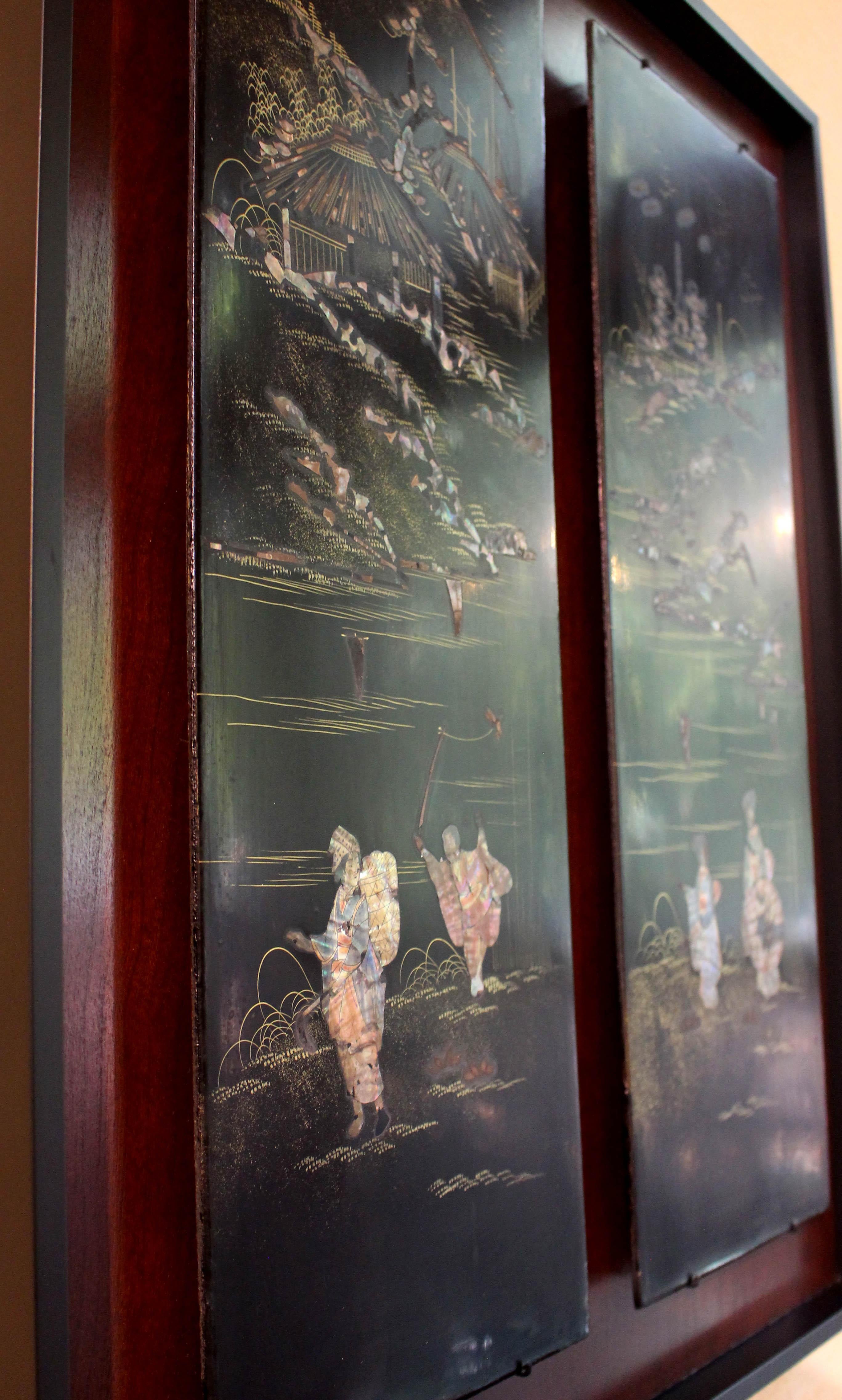 Gilt Pair of Black Lacquer Panels Mounted in a Shadowbox Frame, Japanese For Sale