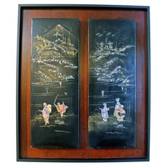Pair of Black Lacquer Panels Mounted in a Shadowbox Frame, Japanese