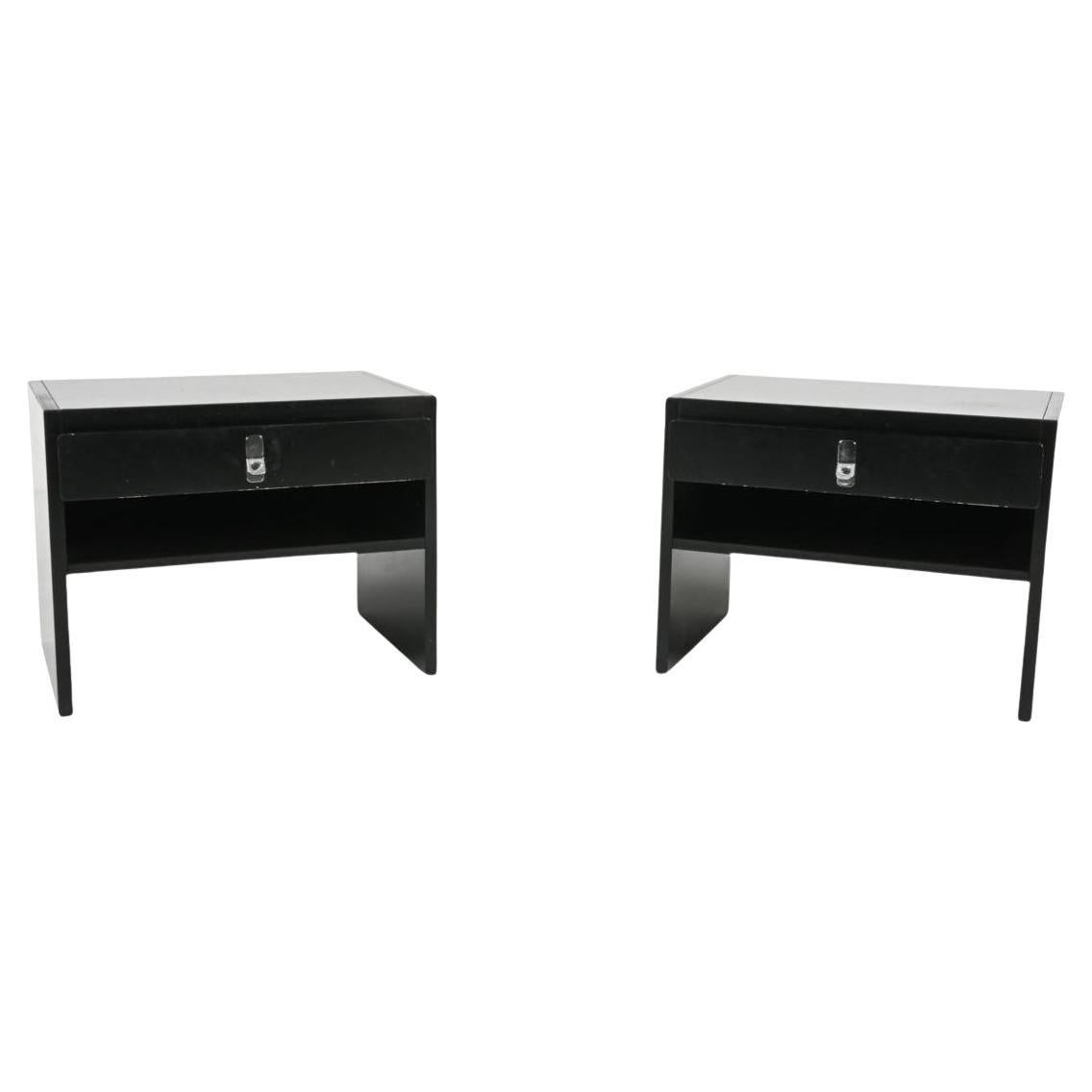 Pair of Black Lacquer single drawer nightstands with chrome handle by DUX