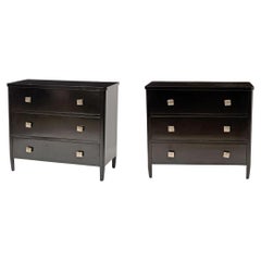Pair of Black Lacquer Three Drawer Chests With Silvered Square Knobs