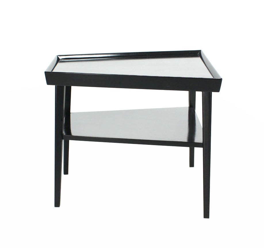 Pair of Black Lacquer Trapezoid Shape Two Tier End Side Tables Stands For Sale 2