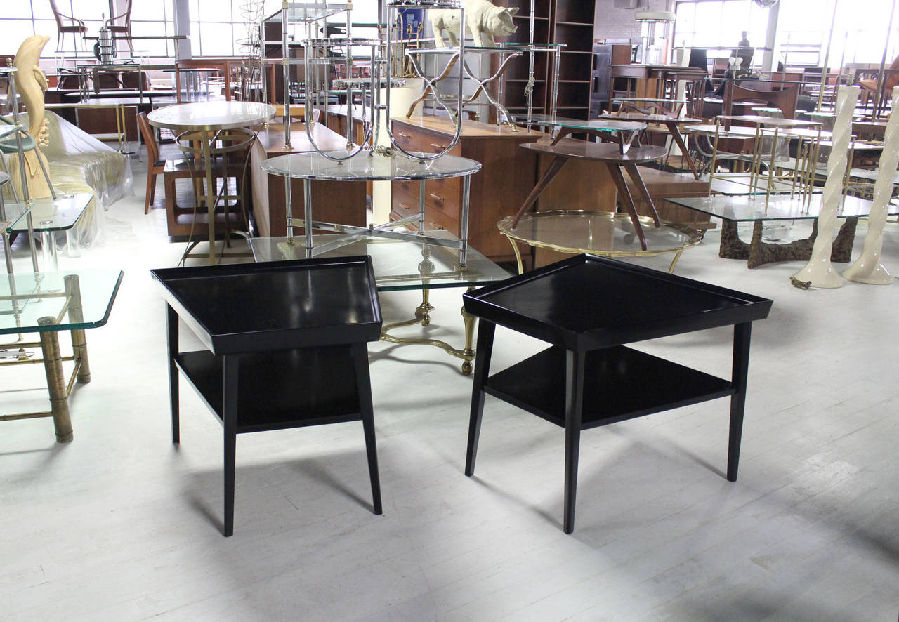 Mid-Century Modern Pair of Black Lacquer Trapezoid Shape Two Tier End Side Tables Stands For Sale