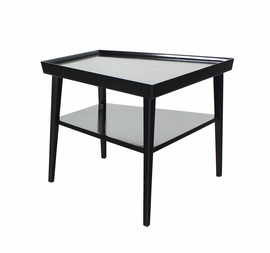 Pair of Black Lacquer Trapezoid Shape Two Tier End Side Tables Stands In Excellent Condition For Sale In Rockaway, NJ