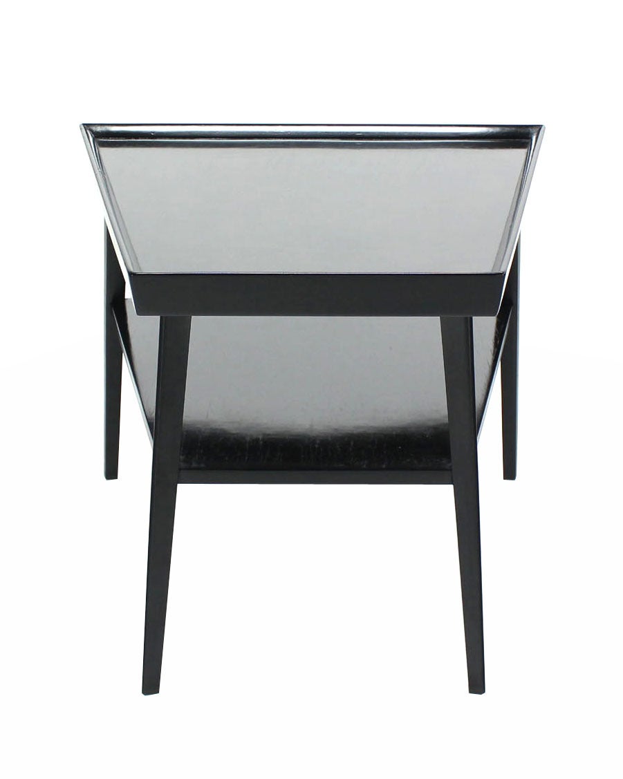 20th Century Pair of Black Lacquer Trapezoid Shape Two Tier End Side Tables Stands For Sale
