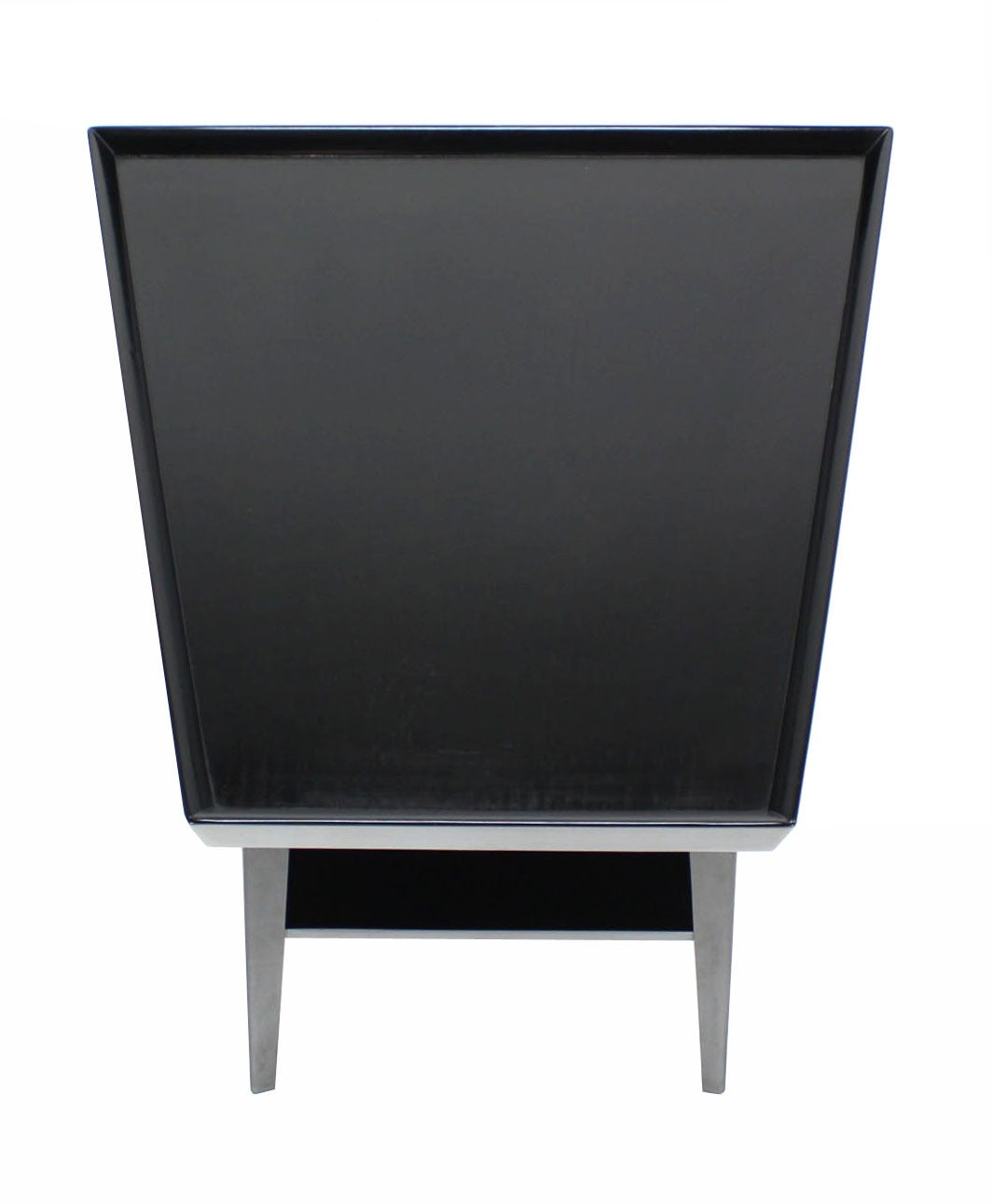 Walnut Pair of Black Lacquer Trapezoid Shape Two Tier End Side Tables Stands For Sale
