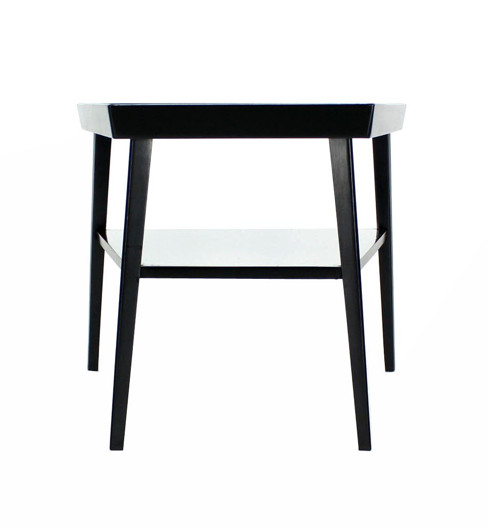 Pair of Black Lacquer Trapezoid Shape Two Tier End Side Tables Stands For Sale 1