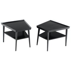 Pair of Black Lacquer Trapezoid Shape Two Tier End Side Tables Stands