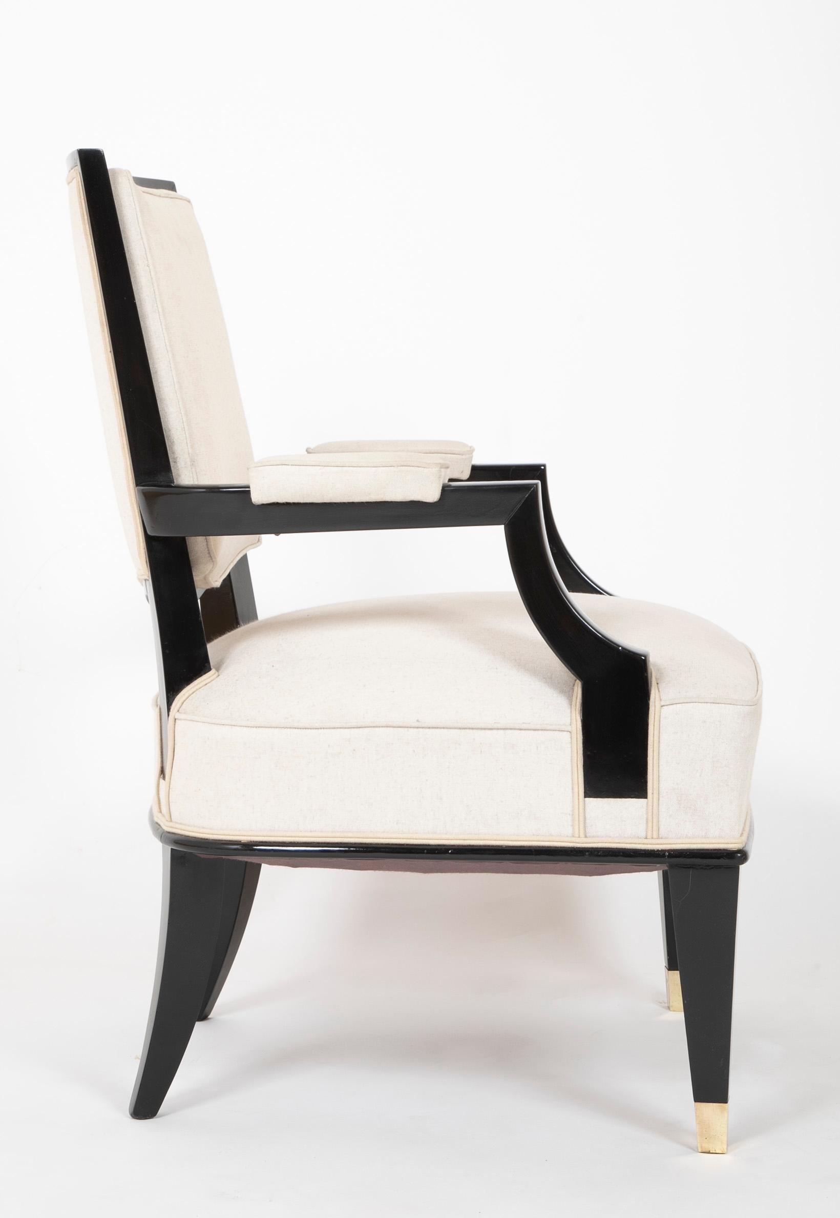 Lacquered Pair of Black Lacquer Wood Frame Arm Chairs, In the Manner of Andre Arbus