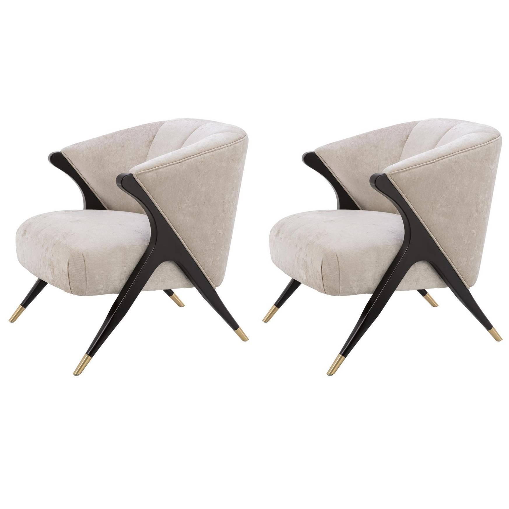 Pair of Black Lacquer Wooden and Velvet Lounge Armchairs