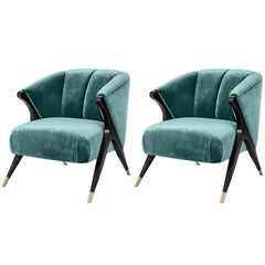 Pair of Black Lacquer Wooden and Velvet Lounge Armchairs