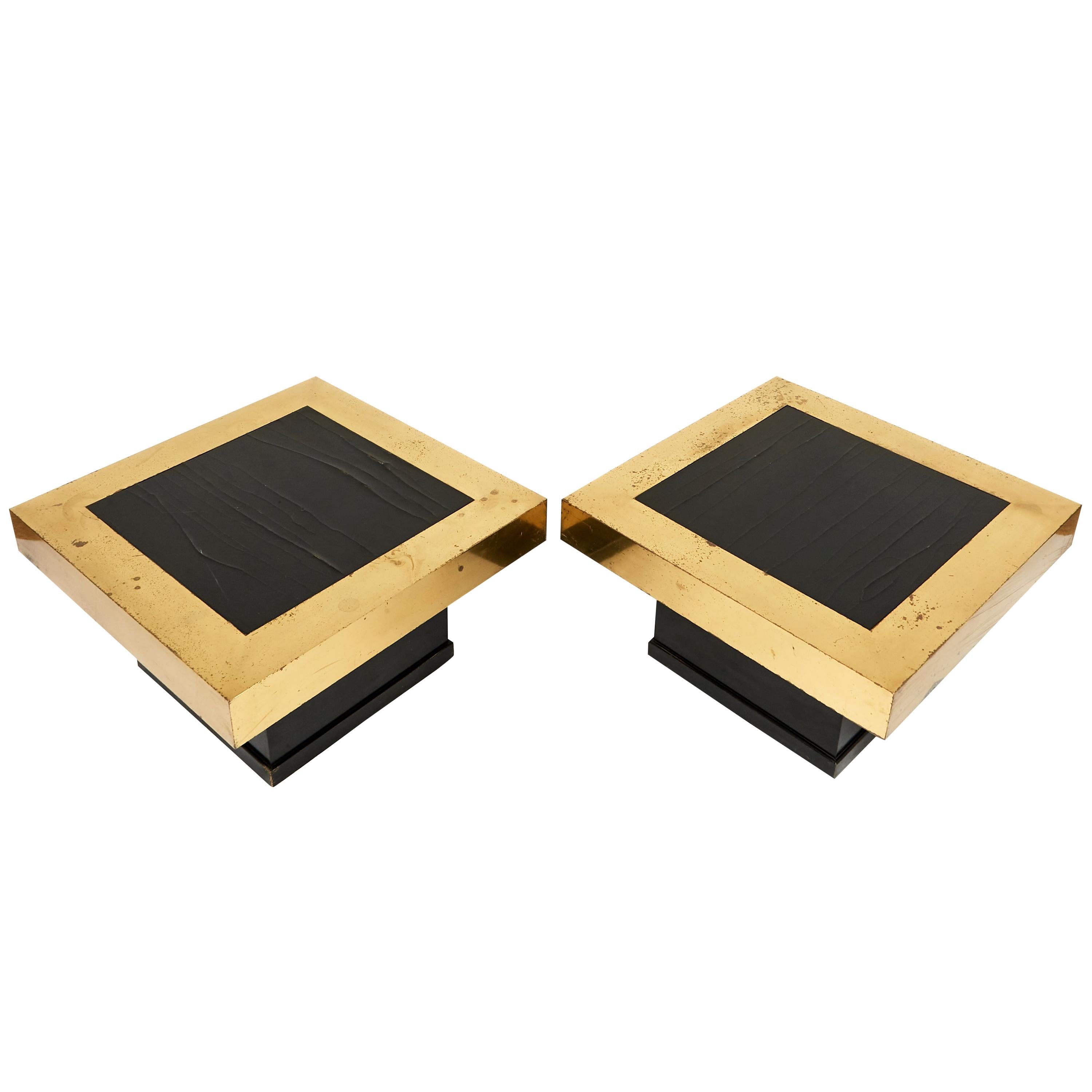 Pair of Black Lacquered and Brass Square Coffee Tables