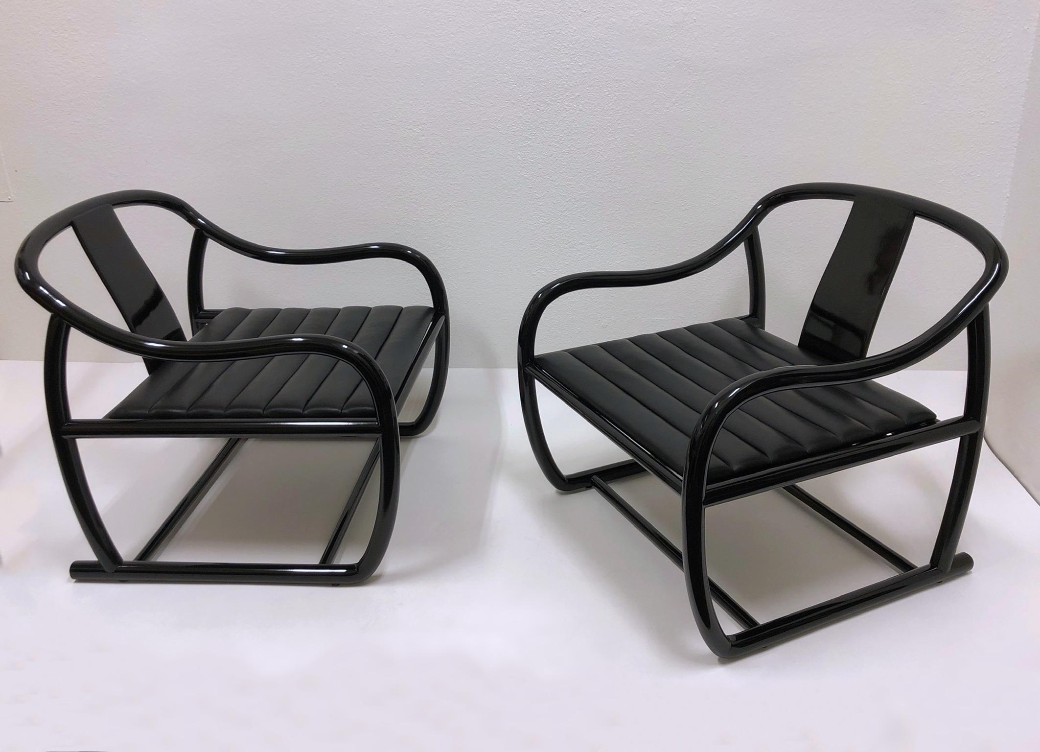 Pair of Black Lacquered and Leather Lounge Chairs by Stanley J Friedman 6