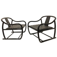 Pair of Black Lacquered and Leather Lounge Chairs by Stanley J Friedman