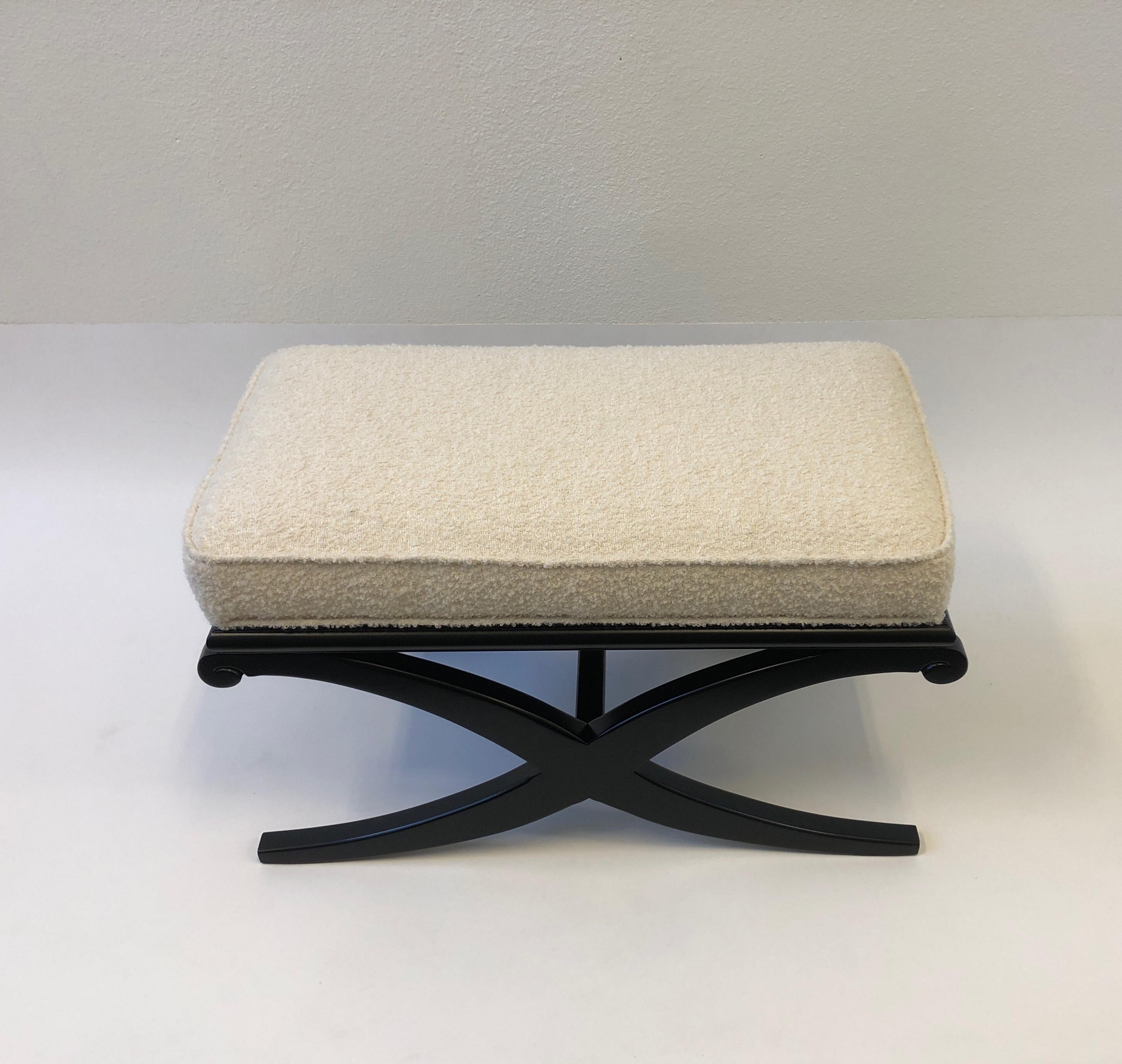 Pair of Black Lacquered and Off-White Boucle Ottomans by Edward Wormley  2