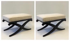 Pair of Black Lacquered and Off-White Boucle Ottomans by Edward Wormley