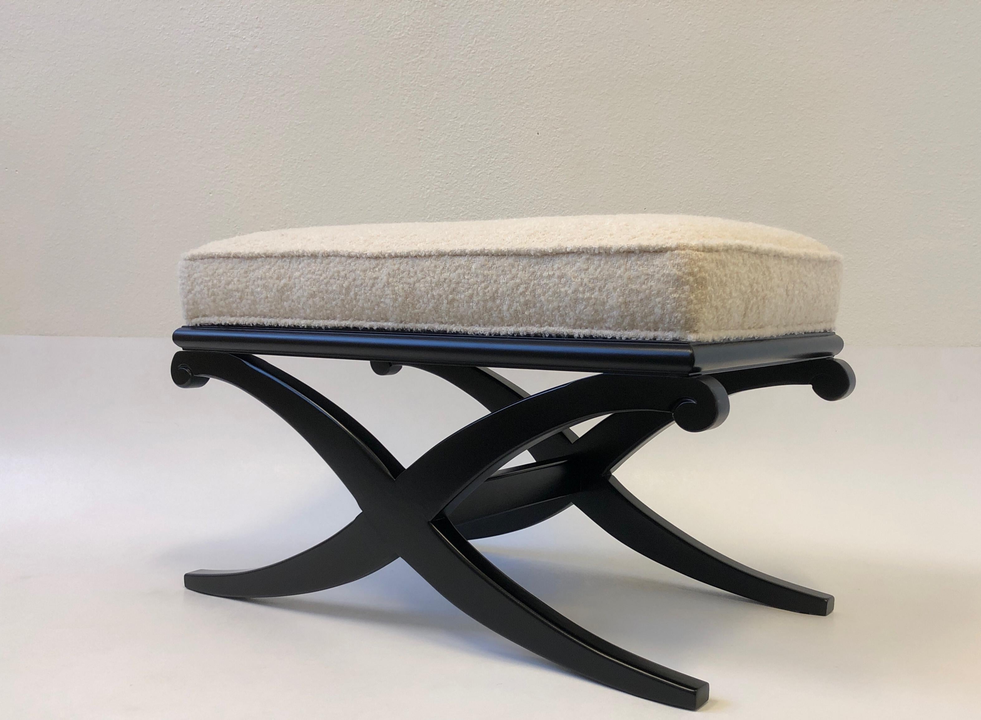 American Pair of Black Lacquered and Off-White Boucle Ottomans by Edward Wormley 