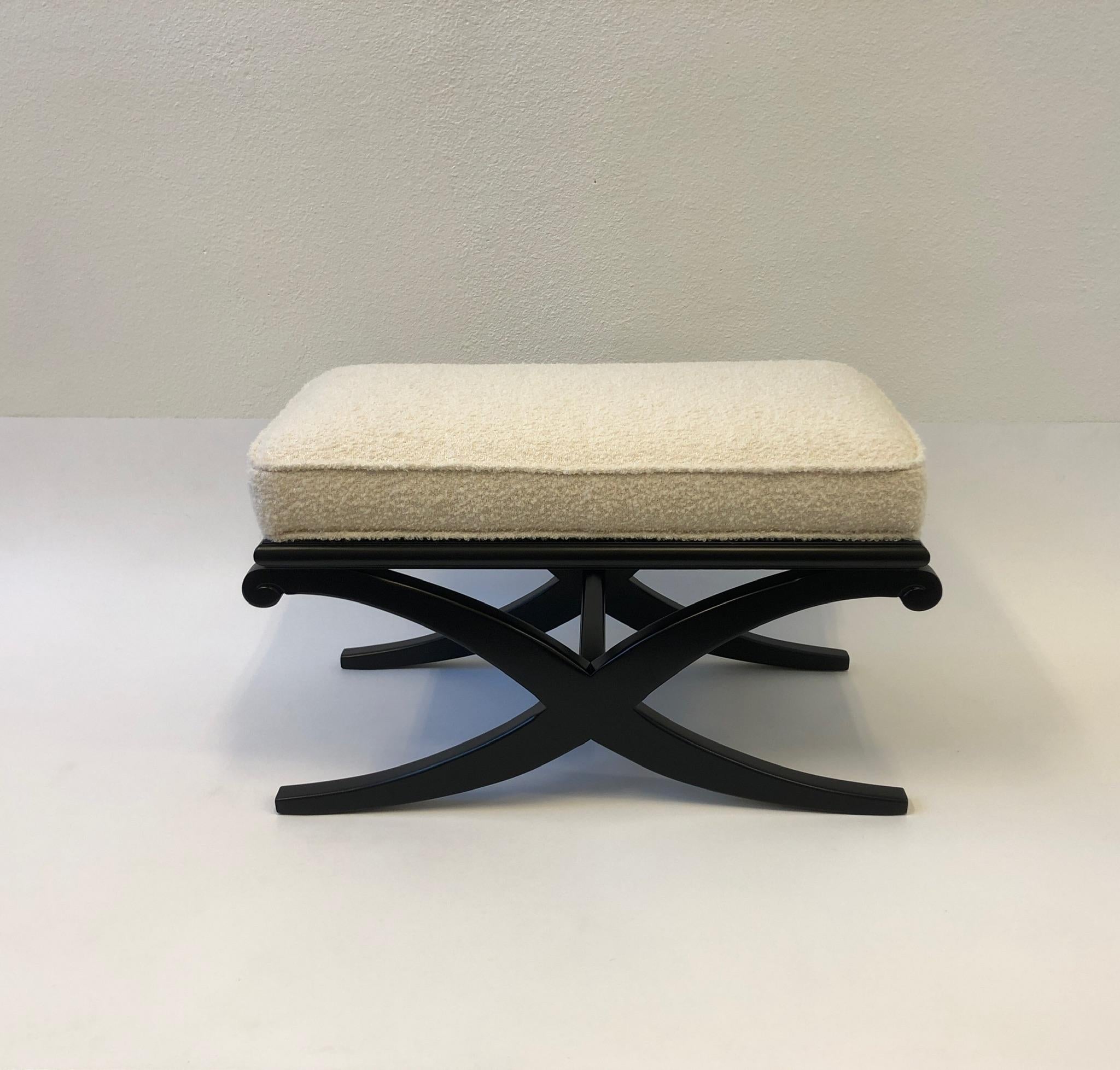 Pair of Black Lacquered and Off-White Boucle Ottomans by Edward Wormley  In Excellent Condition In Palm Springs, CA
