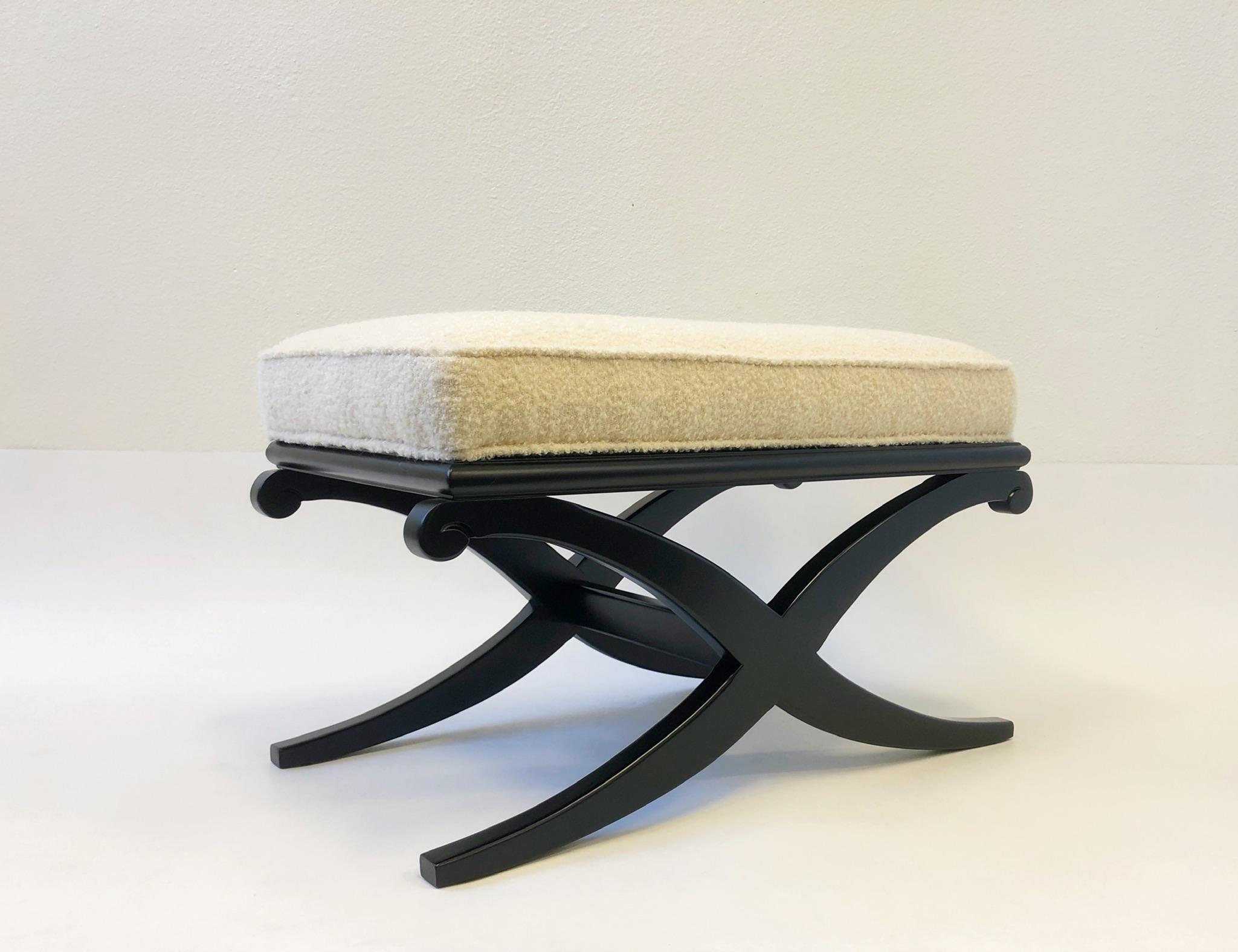 Fabric Pair of Black Lacquered and Off-White Boucle Ottomans by Edward Wormley 