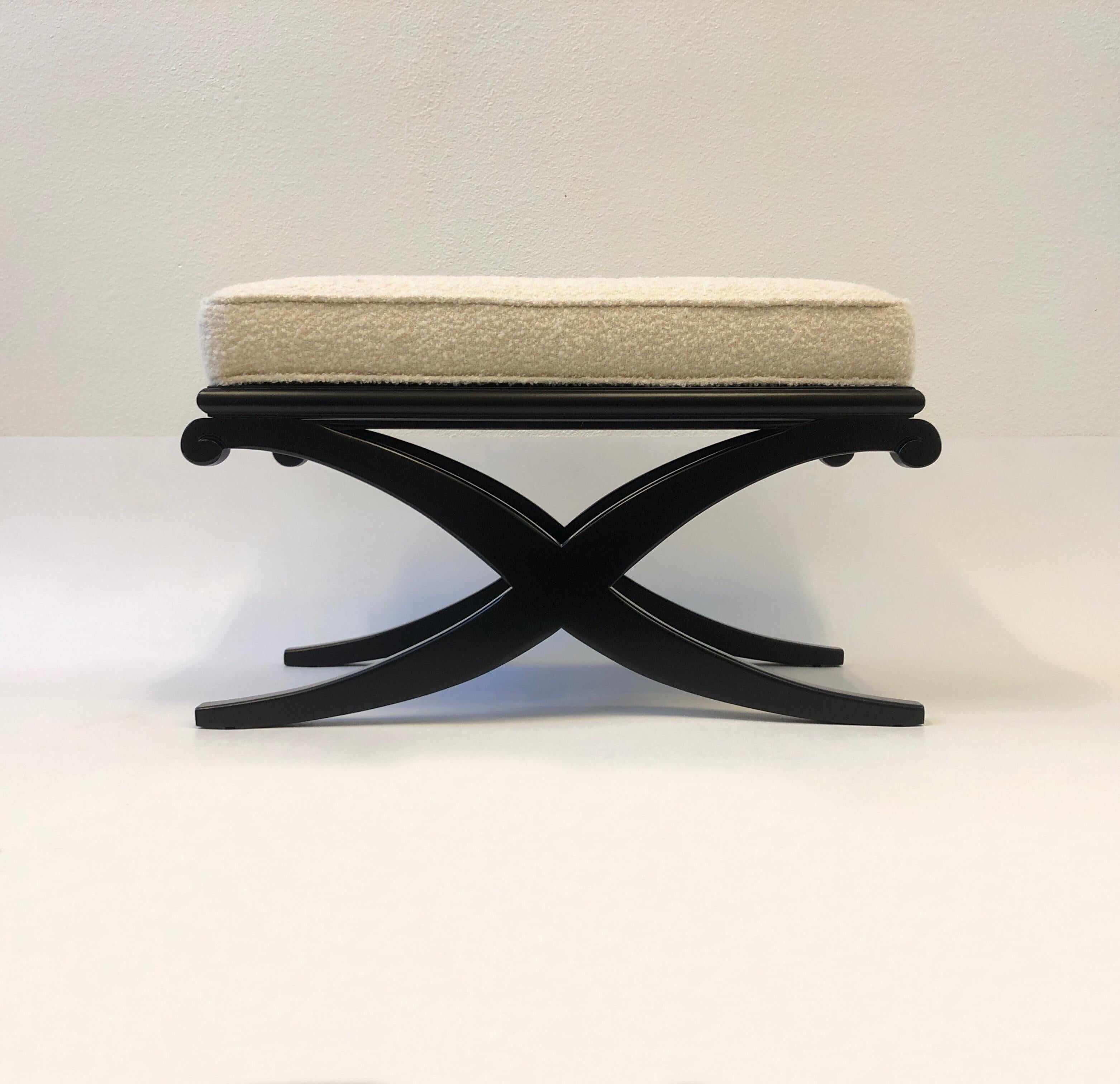 Pair of Black Lacquered and Off-White Boucle Ottomans by Edward Wormley  1