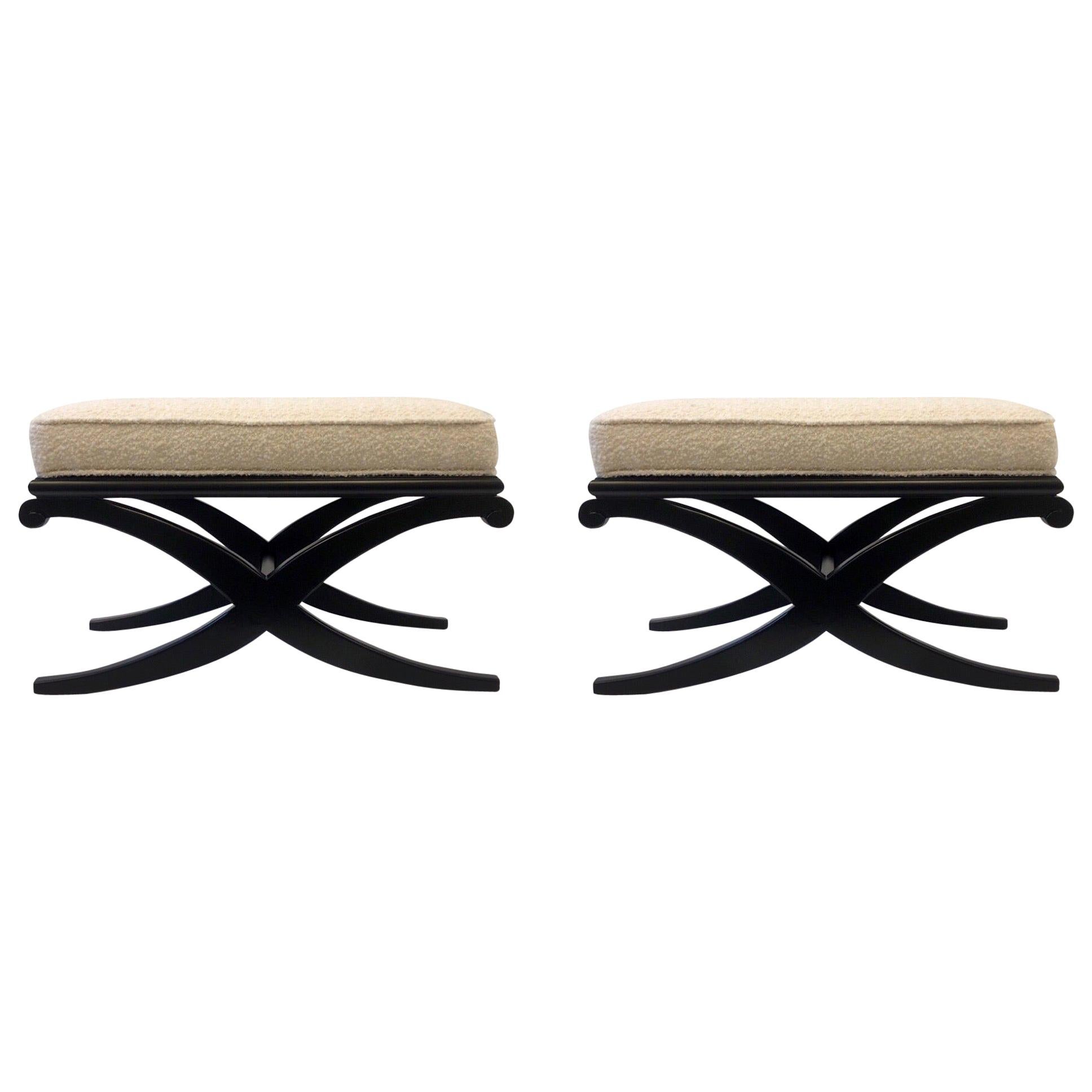 Pair of Black Lacquered and Off-White Boucle Ottomans by Edward Wormley 