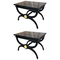 Pair of Black Lacquered and Portore Marble-Top Neoclassical End or Sofa Tables