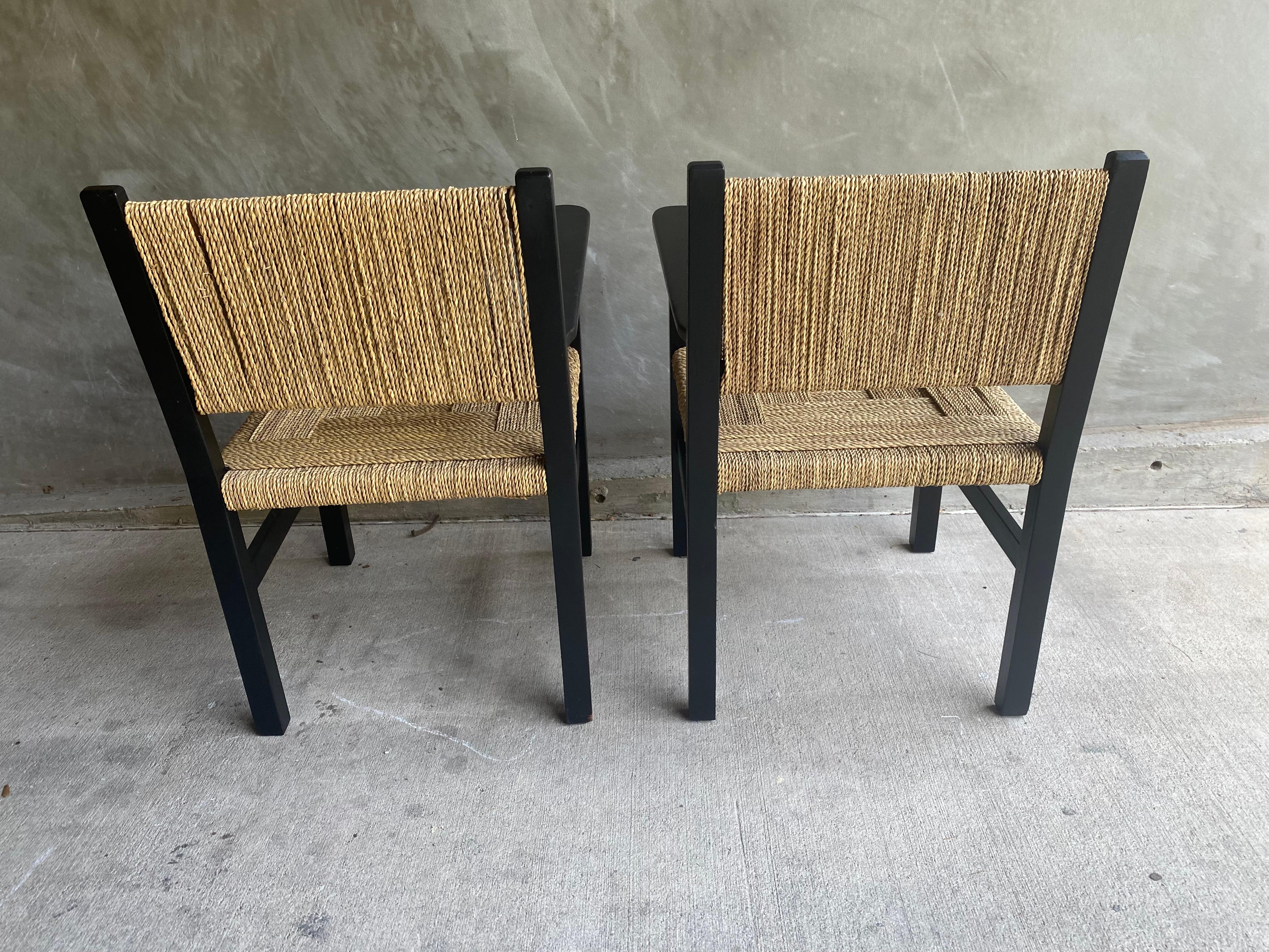 Pair of Black Lacquered and Woven Rope Armchairs, France, 1950's For Sale 4