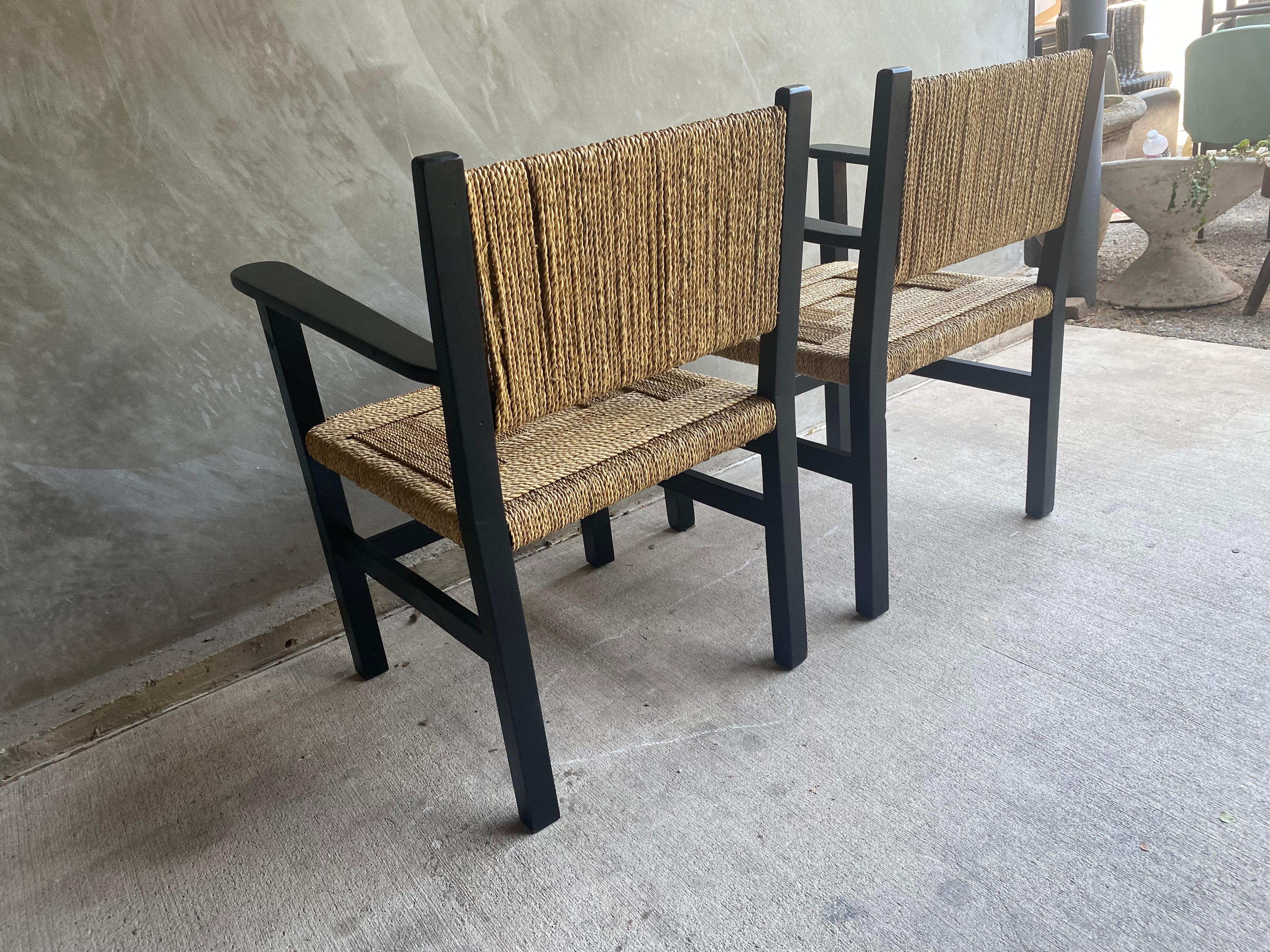 Pair of Black Lacquered and Woven Rope Armchairs, France, 1950's For Sale 5