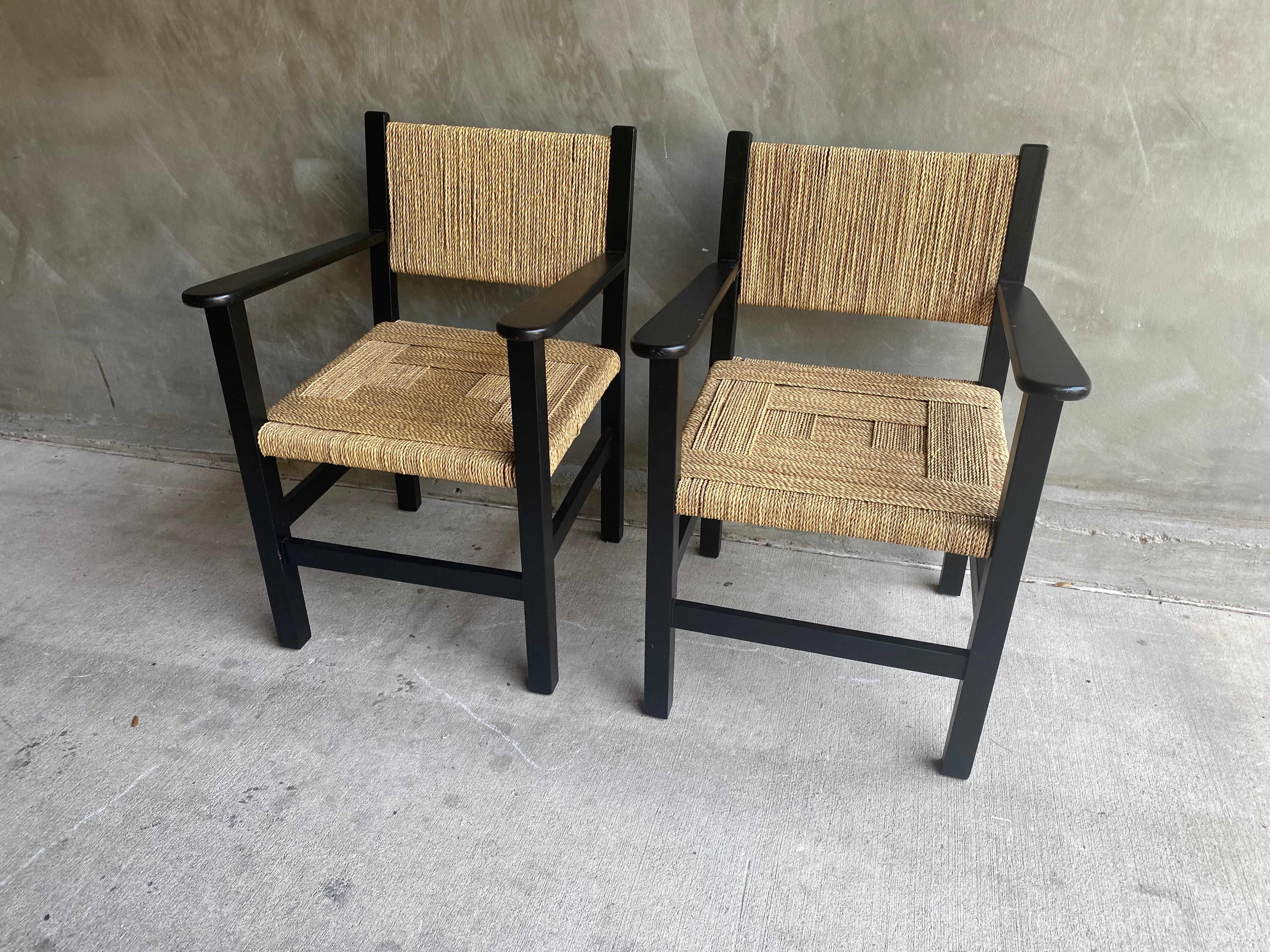 Mid-Century Modern Pair of Black Lacquered and Woven Rope Armchairs, France, 1950's For Sale