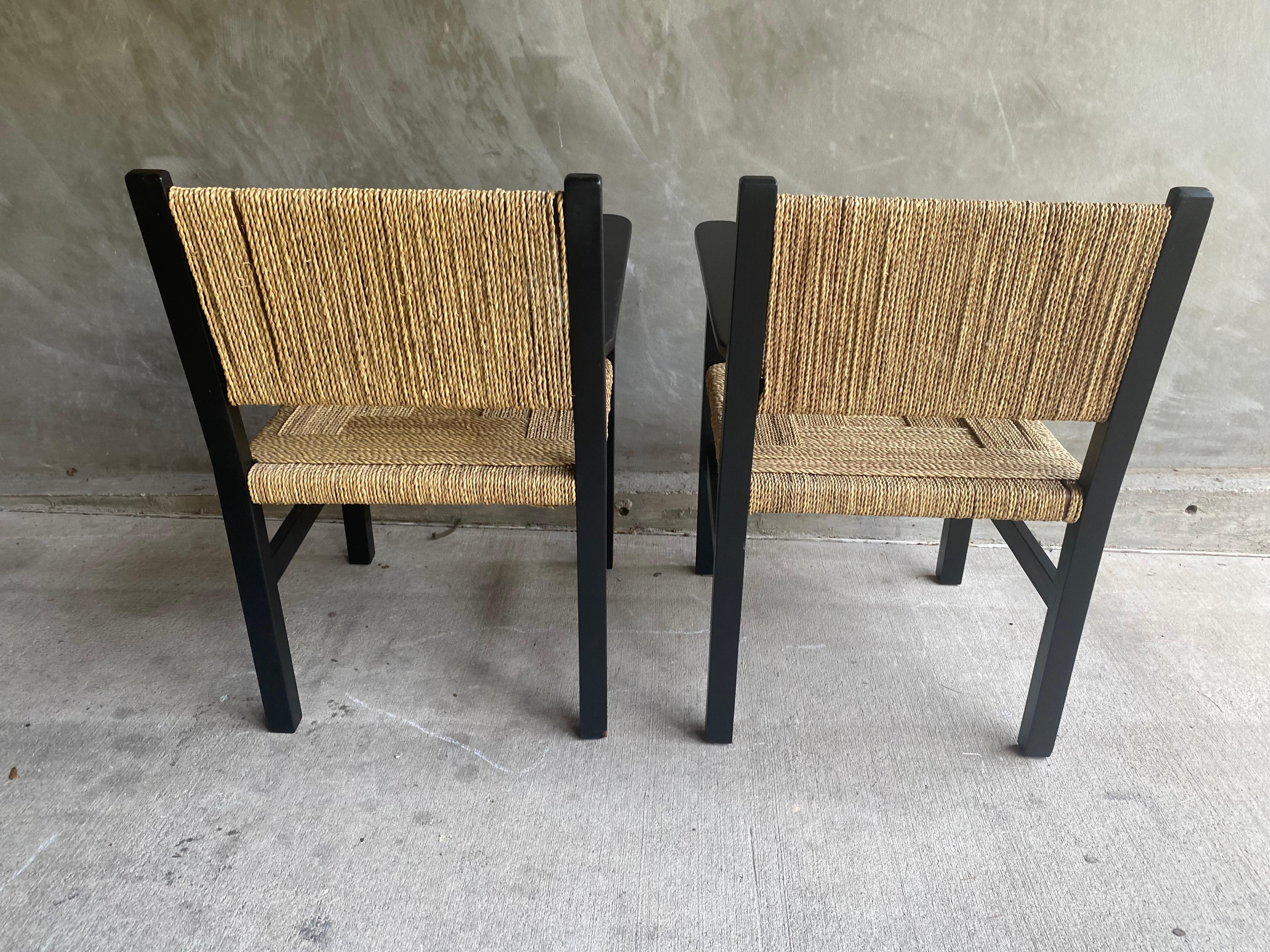 Pair of Black Lacquered and Woven Rope Armchairs, France, 1950's For Sale 2