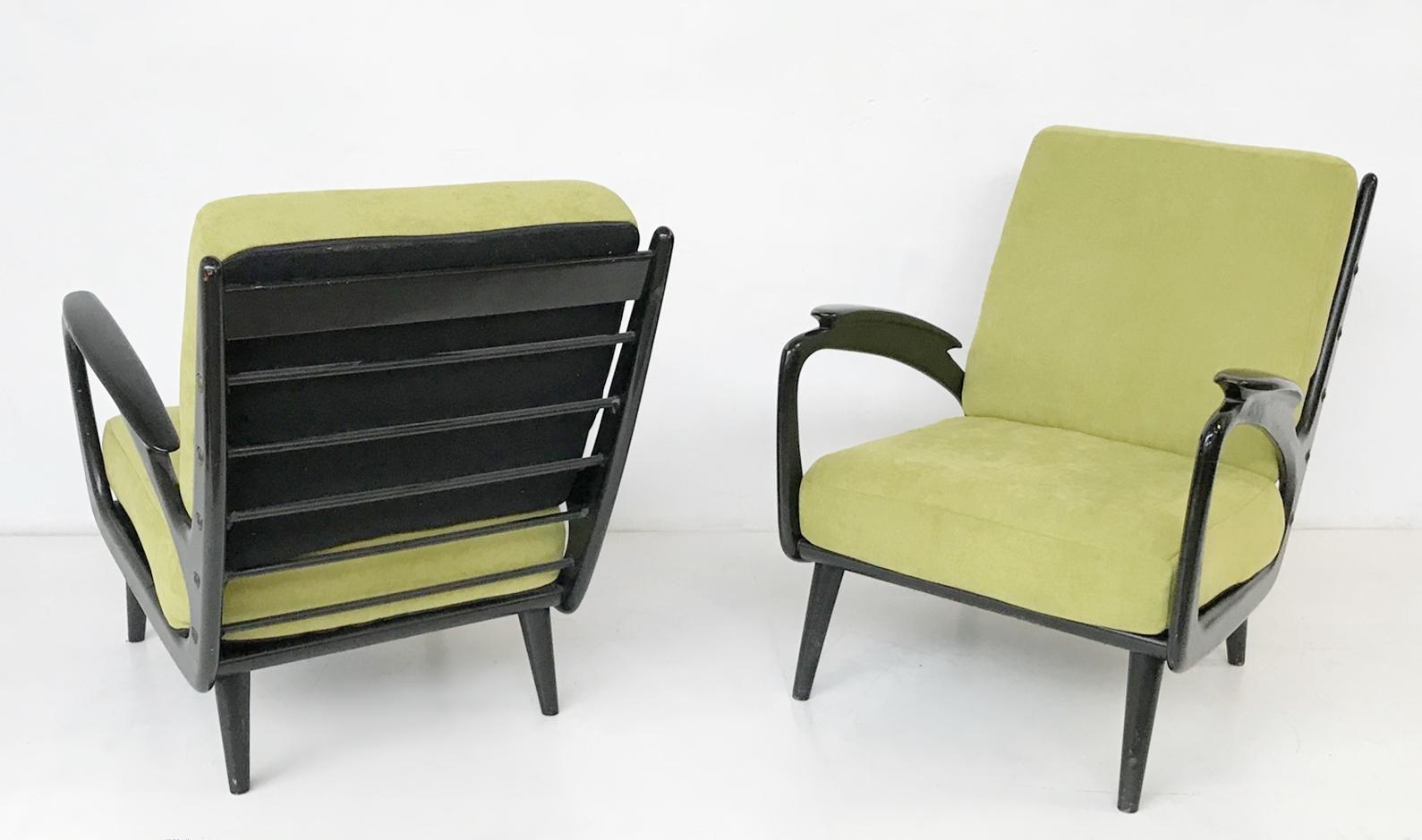 European Pair of Black Lacquered Armchairs, New Upholstery