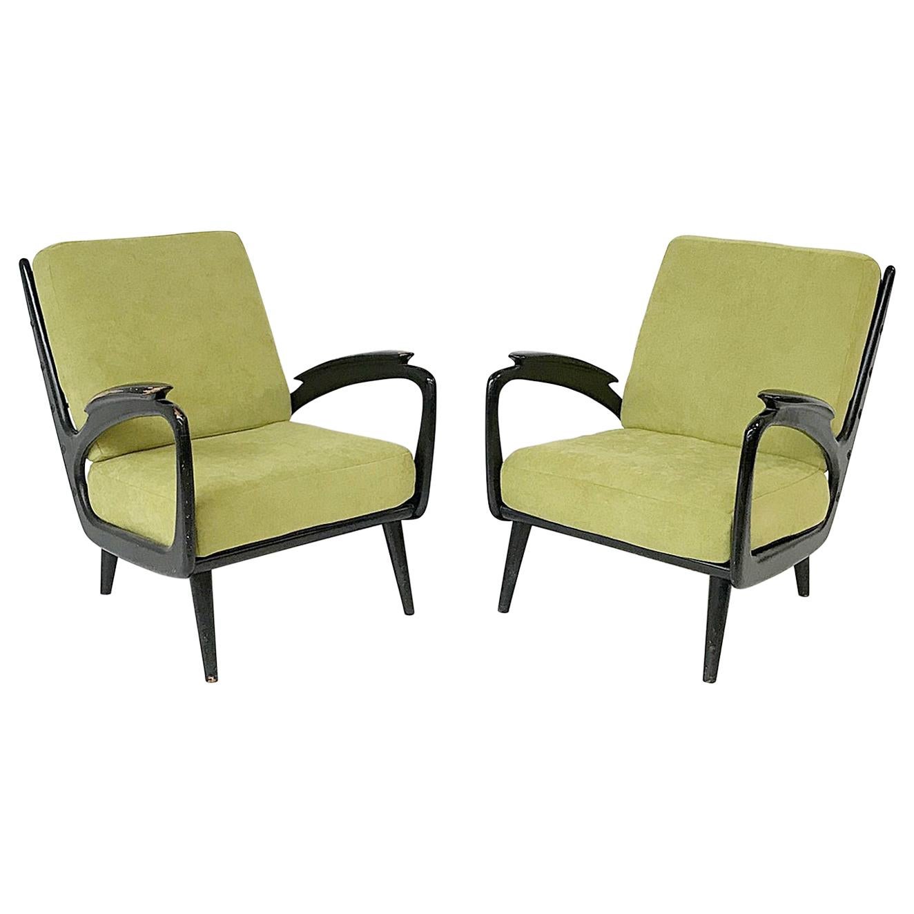 Pair of Black Lacquered Armchairs, New Upholstery