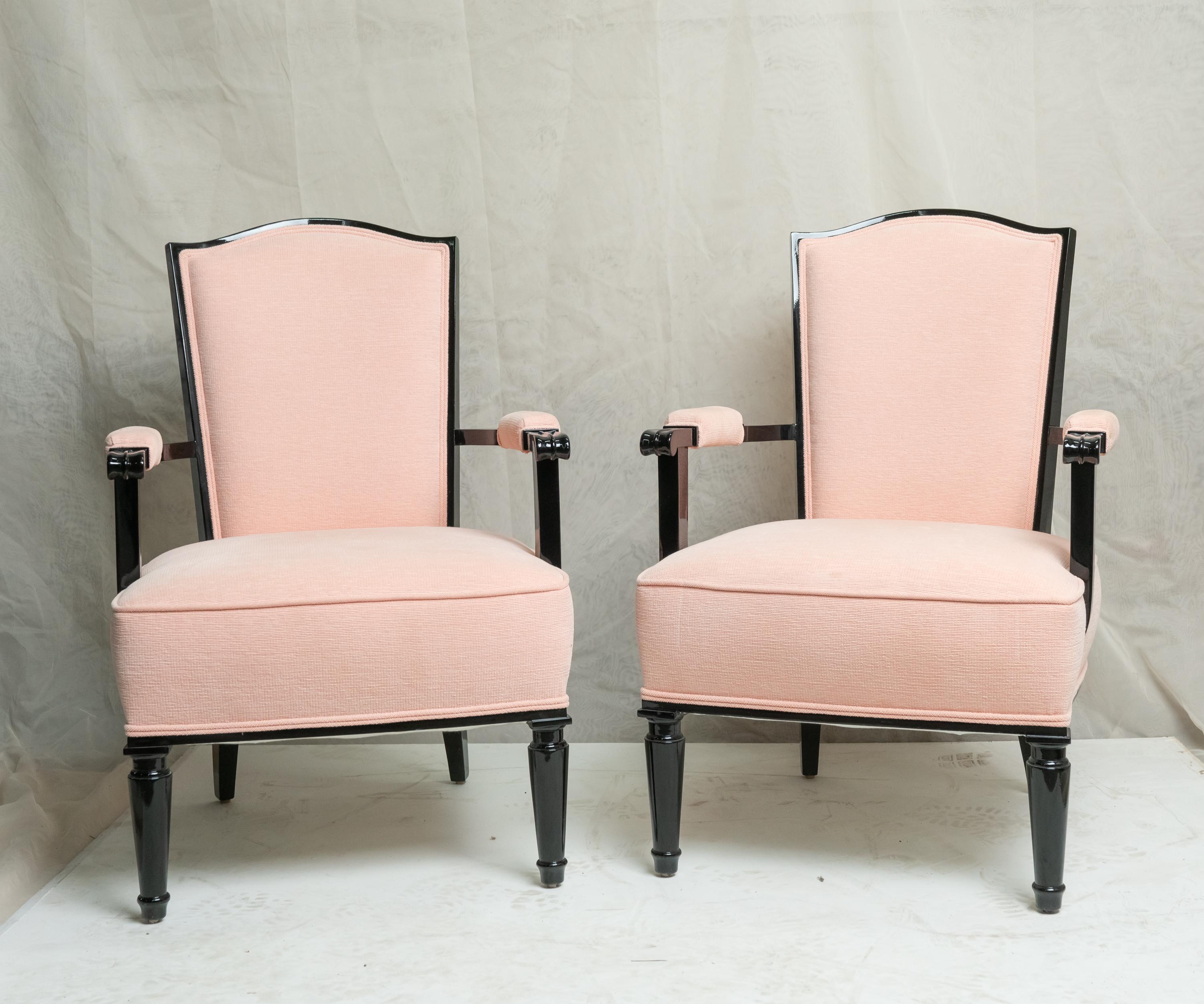 Pair of black lacquered Art Deco armchairs by Jules Leleu upholstered with pink colour fabric.
Signed: 