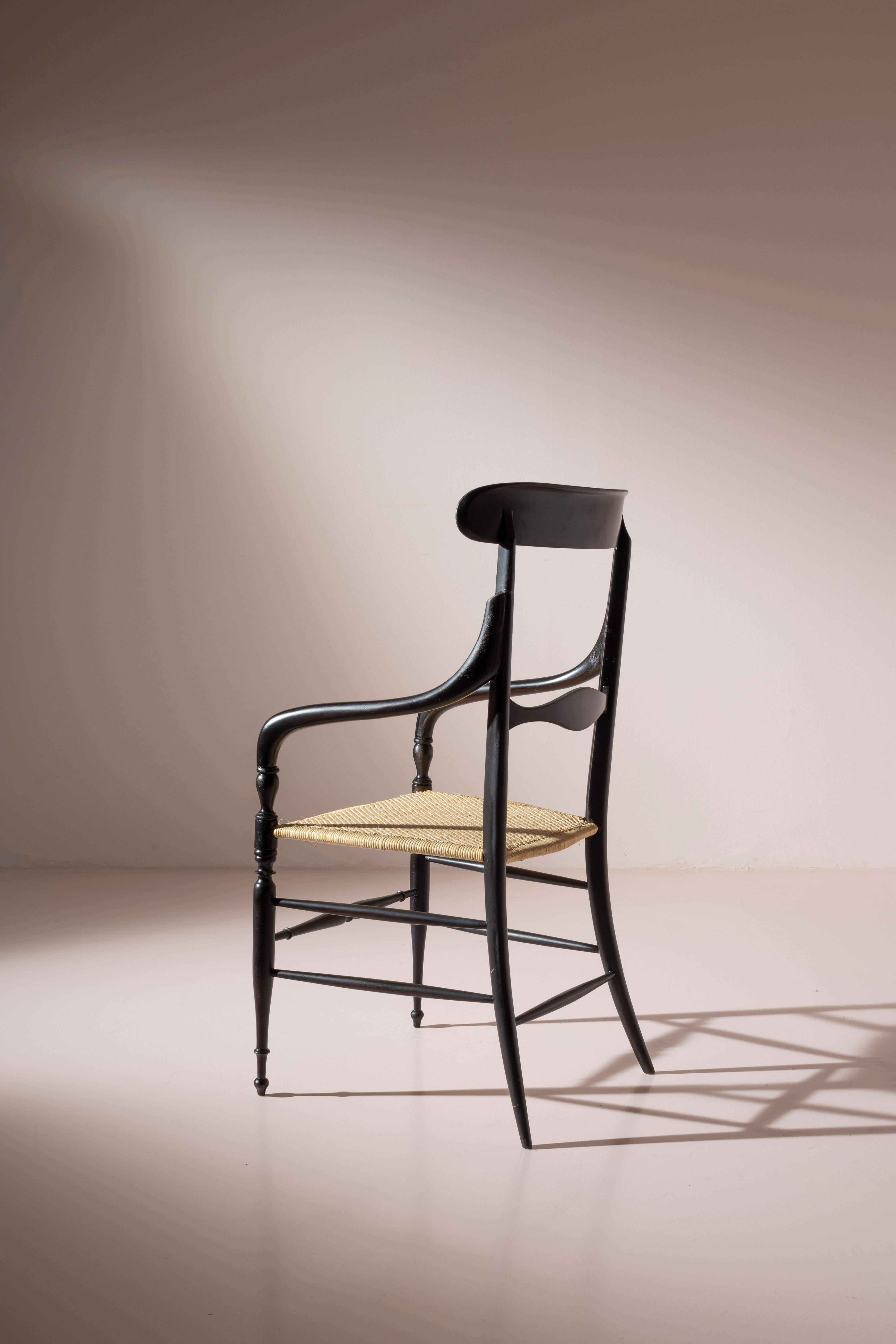 Paire de fauteuils Campanino laqués noirs, Enzo Rotella, Chiavari, Italie années 1950 en vente 1