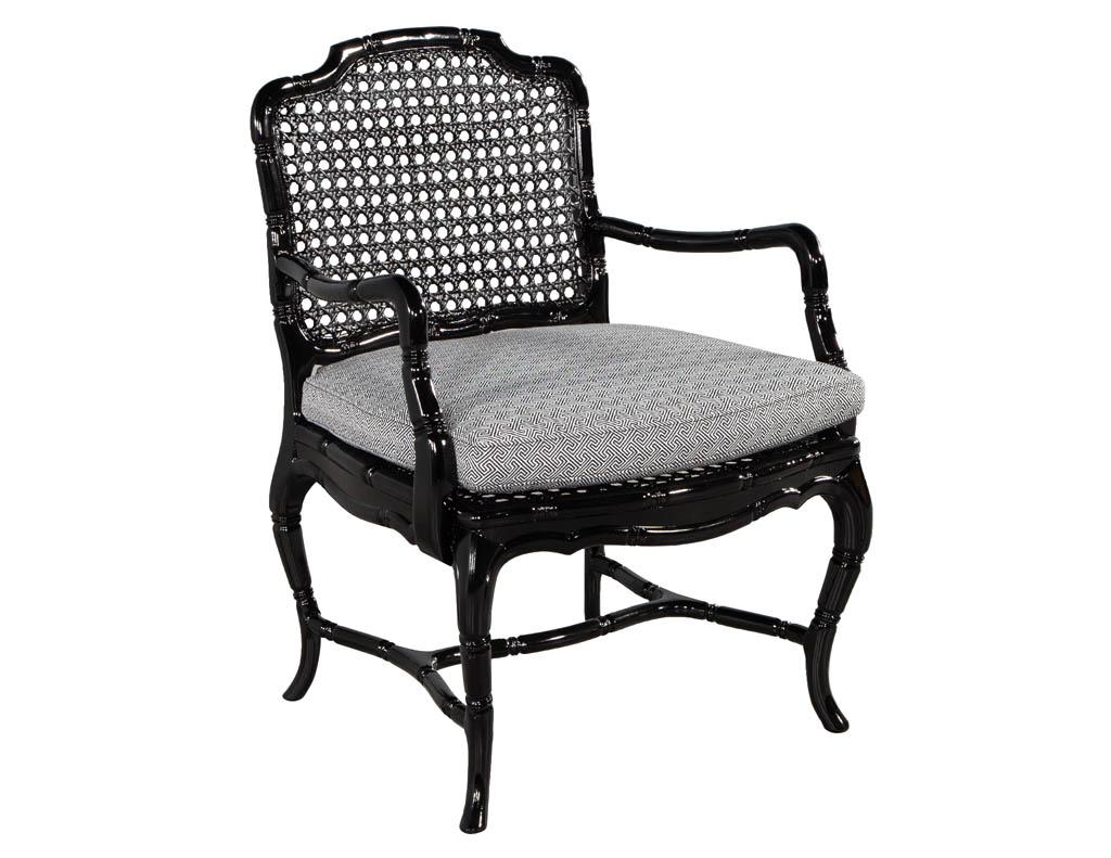 Pair of Black Lacquered Cane Back Lounge Chairs For Sale 3