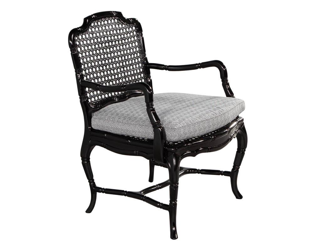 Pair of Black Lacquered Cane Back Lounge Chairs For Sale 4