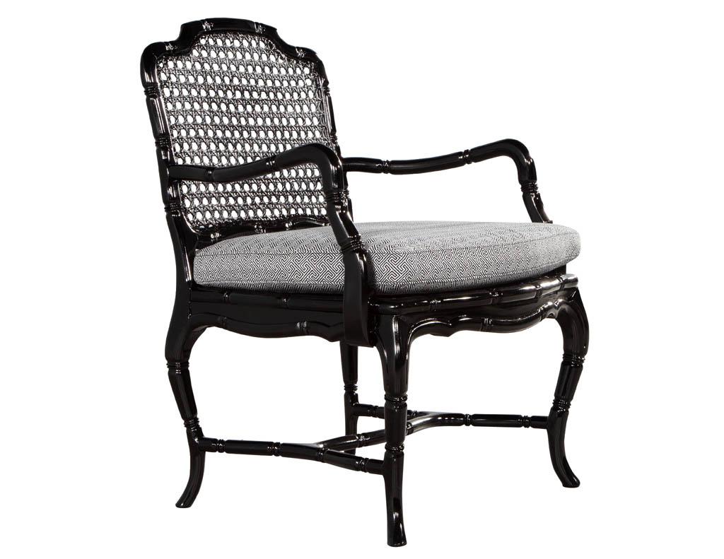 Pair of Black Lacquered Cane Back Lounge Chairs For Sale 5