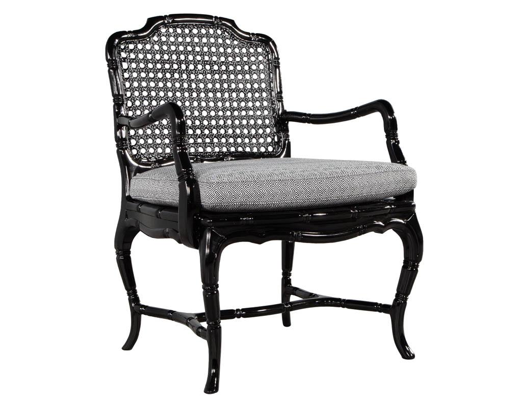 Pair of Black Lacquered Cane Back Lounge Chairs For Sale 6