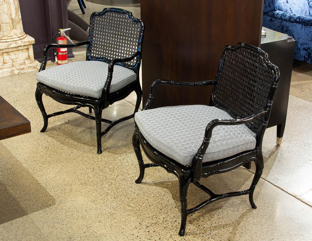 Pair of Black Lacquered Cane Back Lounge Chairs For Sale 9