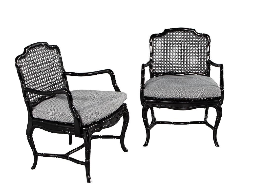 Chinese Chippendale Pair of Black Lacquered Cane Back Lounge Chairs For Sale