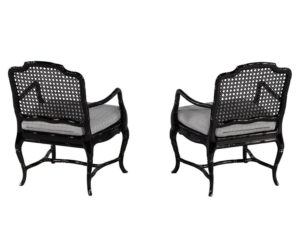 Pair of Black Lacquered Cane Back Lounge Chairs In Excellent Condition For Sale In North York, ON