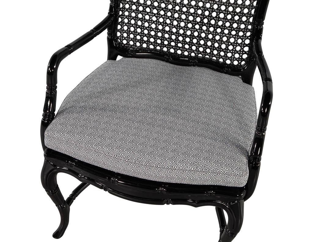 Fabric Pair of Black Lacquered Cane Back Lounge Chairs For Sale