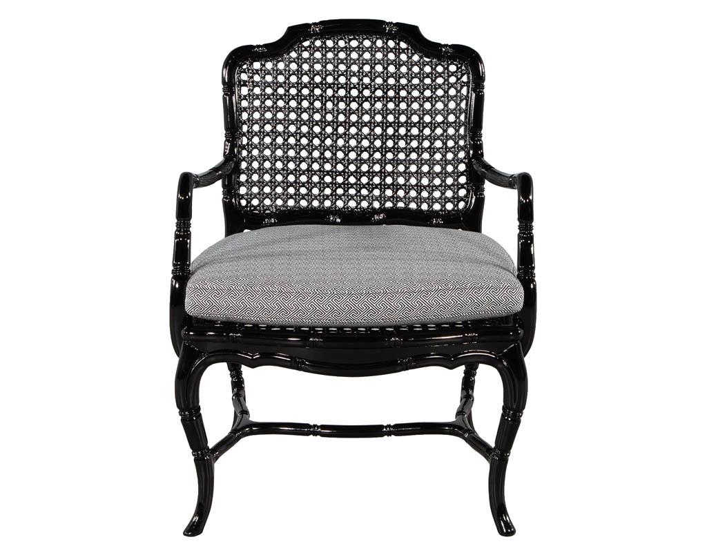 Pair of Black Lacquered Cane Back Lounge Chairs For Sale 2